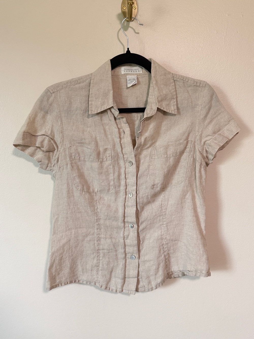 vintage Express 100 linen beige tan short sleeve button up euro summer blouse XS